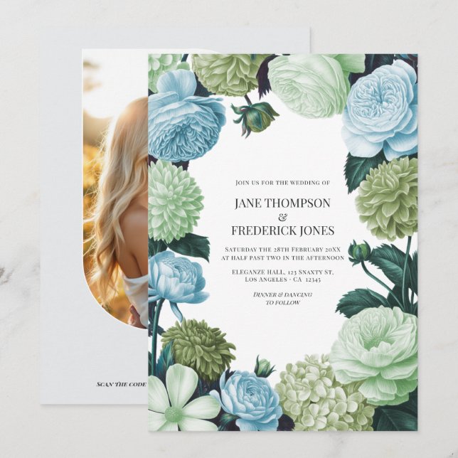 Arctic Blue, Frosted Pine & Cloud Moss Wedding Invitation (Front/Back)