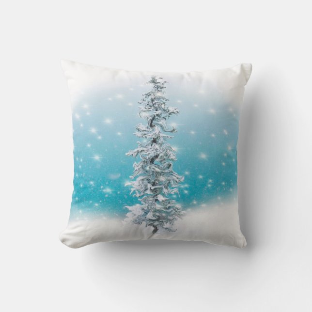 Arctic blue frozen frosty silver sparkle evergreen cushion (Front)