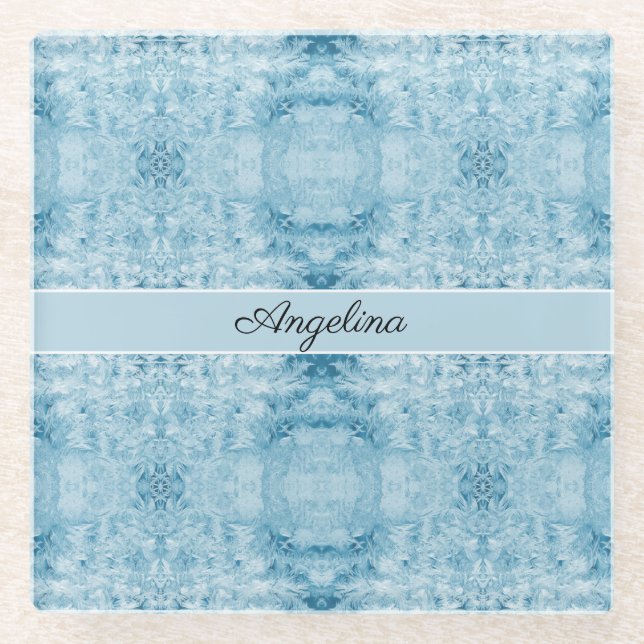 Arctic Chill | Blue & White Feather Pattern Custom Glass Coaster (Front)