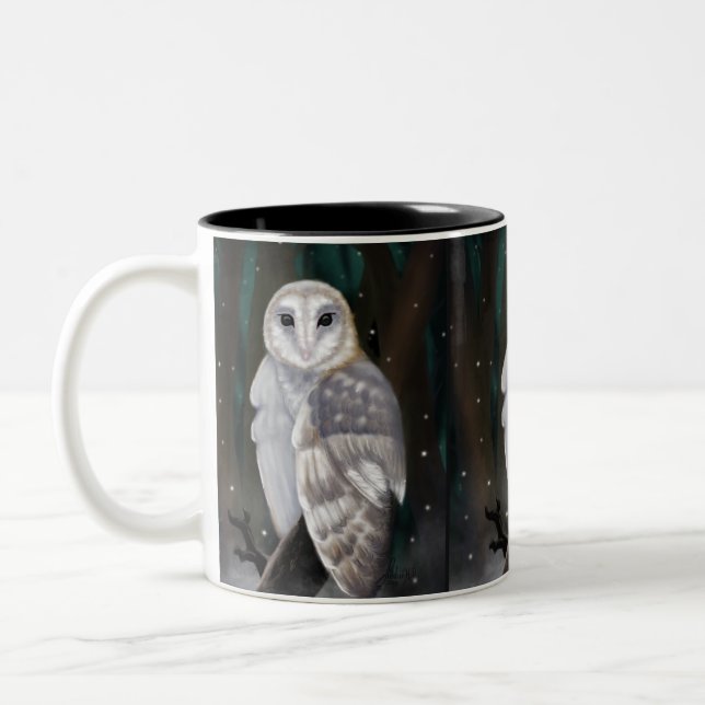 Arctic Elegance: Snow Owl in Winter Woods Two-Tone Coffee Mug (Left)