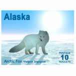 Arctic Fox - Alaska Postage Photo Sculpture Magnet<br><div class="desc">White on white. A 10-Nugget postage stamp issued by a mythical independent nation of Alaska. Features a digital painting of an Arctic Fox, Vulpes lagopus, on the polar ice. The sun hangs low in the bright blue arctic sky. Do not stare at the sun as it can harm your eyes....</div>