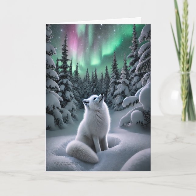 Arctic Fox Aurora Borealis Wintery Forest Holiday Card (Front)