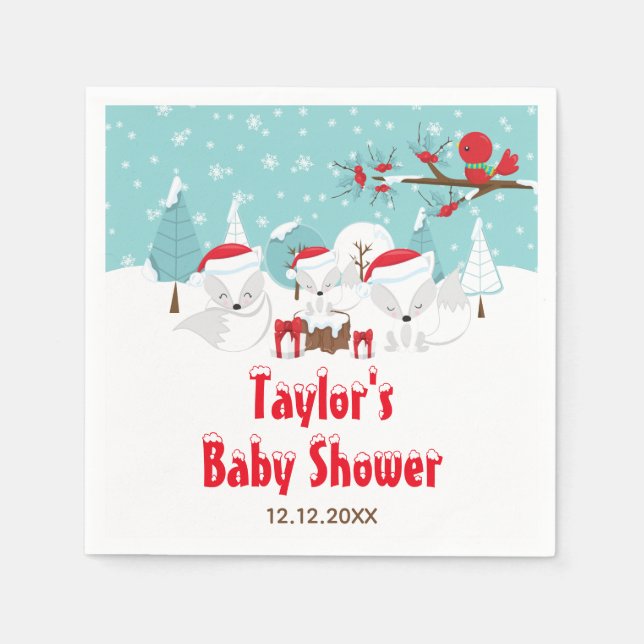 Arctic Fox Christmas Woodland Baby Shower Napkin (Front)
