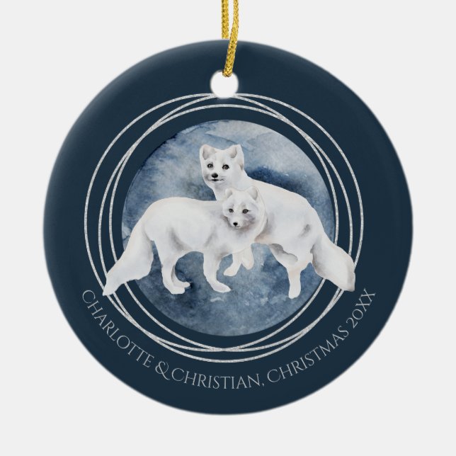 Arctic Fox Couple Winter Christmas Personalised Ceramic Ornament (Front)