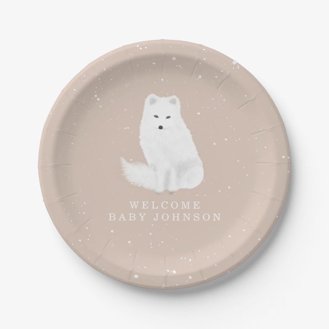 Arctic Fox Pink Winter Baby Shower Paper Plate (Front)