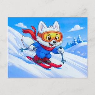 Arctic Fox Skiing Down a Snowy Mountain Postcard