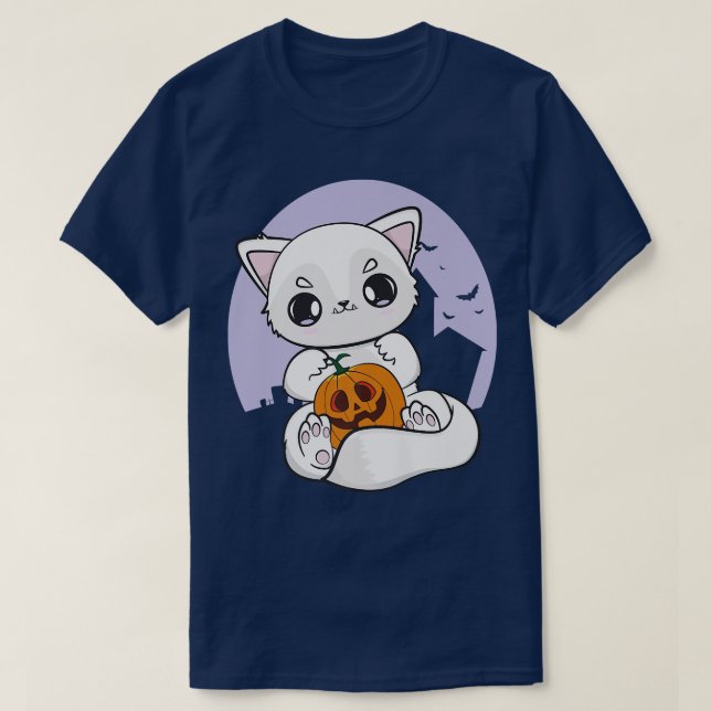 Arctic Fox With Kawaii Pumpkin For Cute Halloween  T-Shirt (Design Front)