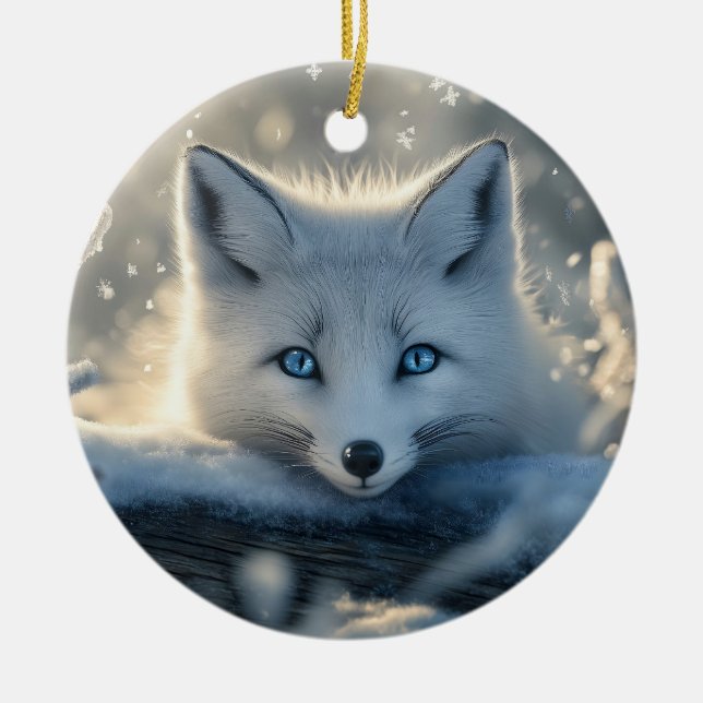 Arctic Fox with Mesmerizing Blue Eyes  Ceramic Ornament (Front)