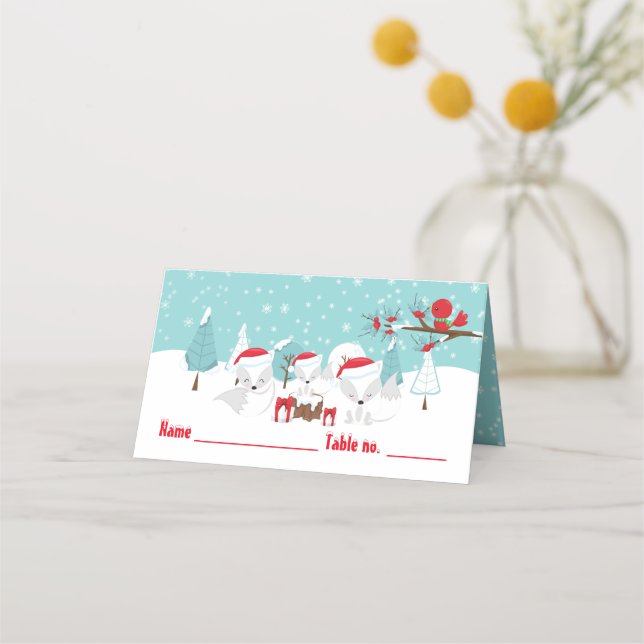 Arctic Foxes Christmas Baby Shower Seating Place Card (Front)