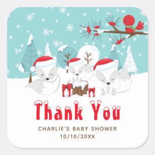 Arctic Foxes Christmas Baby Shower Thank You Square Sticker