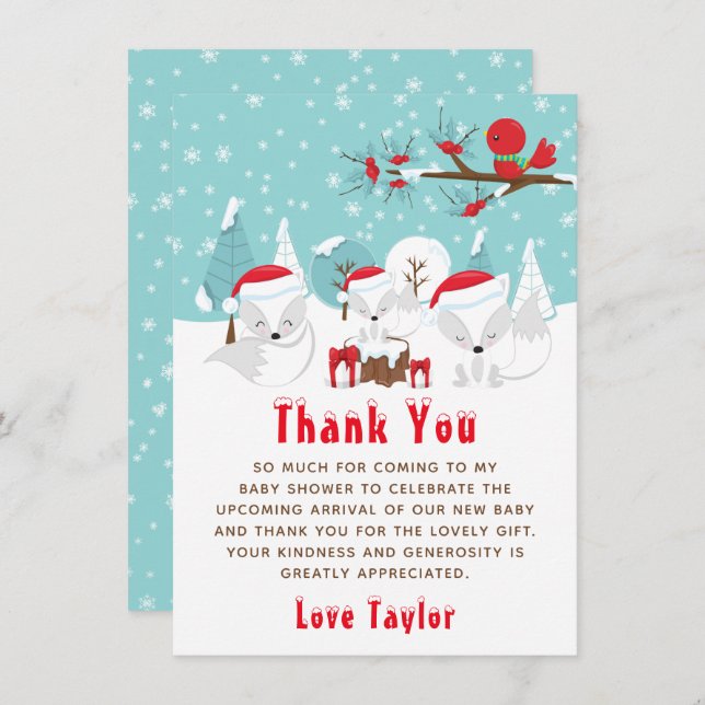 Arctic Foxes Christmas Woodland Baby Shower Thank You Card (Front/Back)