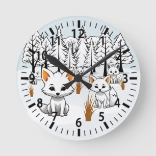 Arctic Foxes - Winter Landscape Round Clock