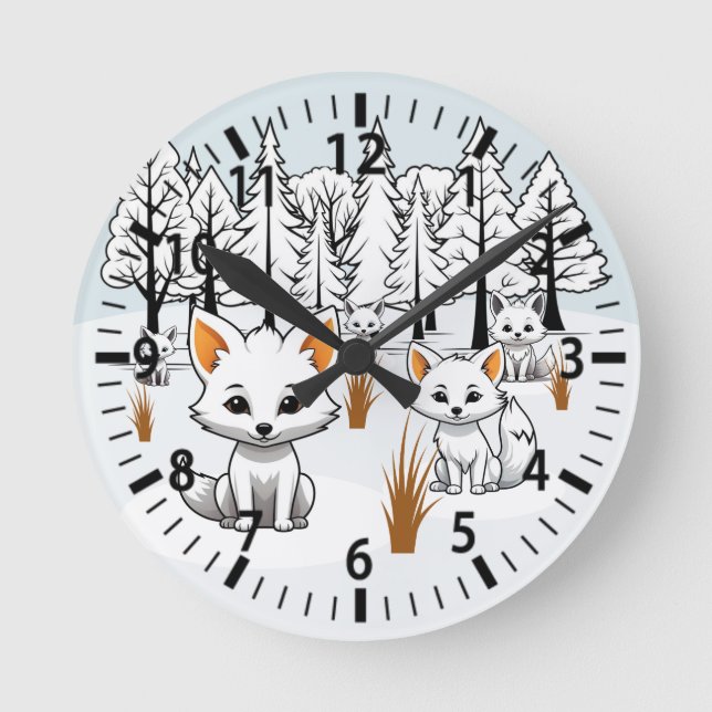 Arctic Foxes - Winter Landscape Round Clock (Front)
