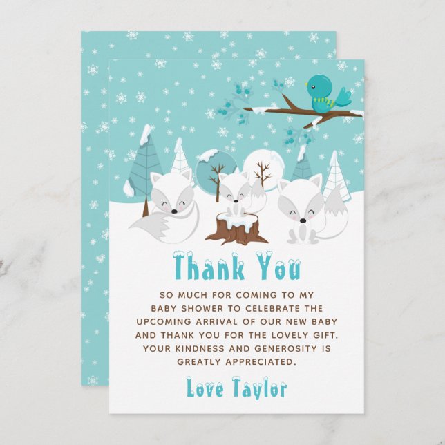 Arctic Foxes Winter Wonderland Baby Shower Thank You Card (Front/Back)