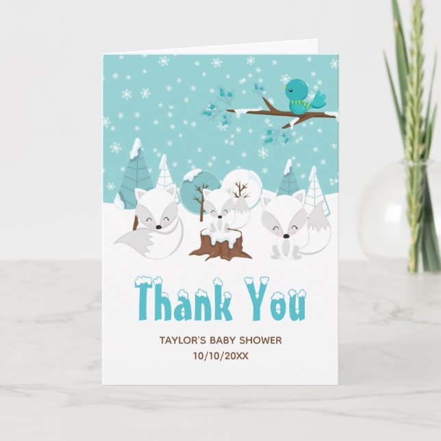 Arctic Foxes Winter Wonderland Baby Shower Thank You Card (Front)