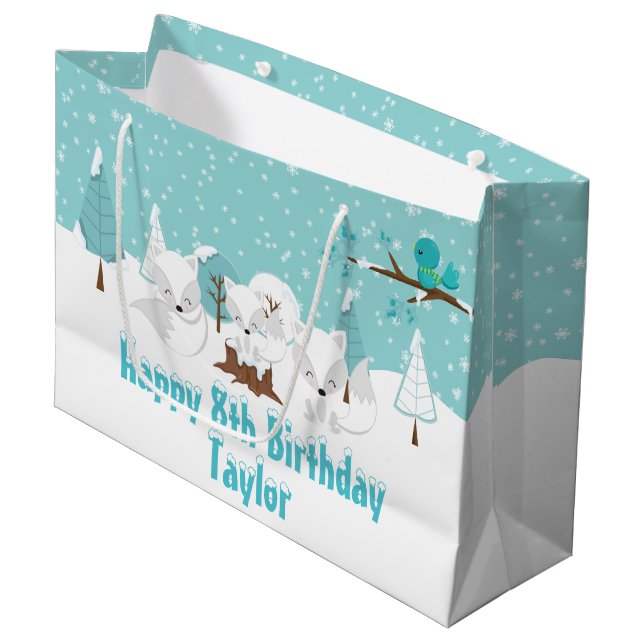 Arctic Foxes Winter Woodland Happy Birthday Large  Gift Bag (Front Angled)