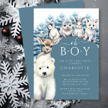 Arctic Friends Winter Boys Baby Shower Invitation<br><div class="desc">This cute winter baby shower invitation features arctic animal friends, including a polar bear, reindeer, penguin, seal, bunny, and wolf, with a backdrop of snowy trees. The invitation is set on an arched blue background with the words "Oh Boy!" in a playful font at the top. The date, time, and...</div>