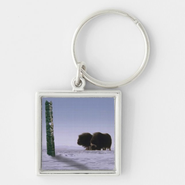 Arctic Musk Oxen & Totem Pole Bovines Wildlife Art Key Ring (Front)