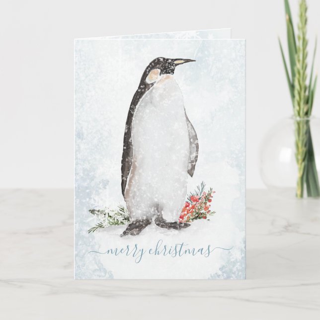 Arctic Penguin Blustering Winter Scene Snowflakes Holiday Card (Front)