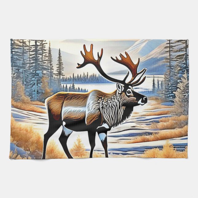 Arctic Reindeer View Design  Tea Towel (Horizontal)