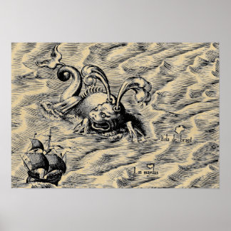 Arctic Sea Monster & Sailing Ship Sepia World Map Poster
