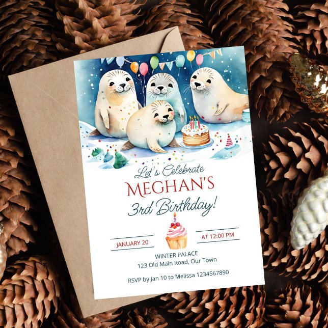 Arctic seal winter birthday editable template (Arctic seal winter birthday party editable template invitation digital download cute baby seals cake)
