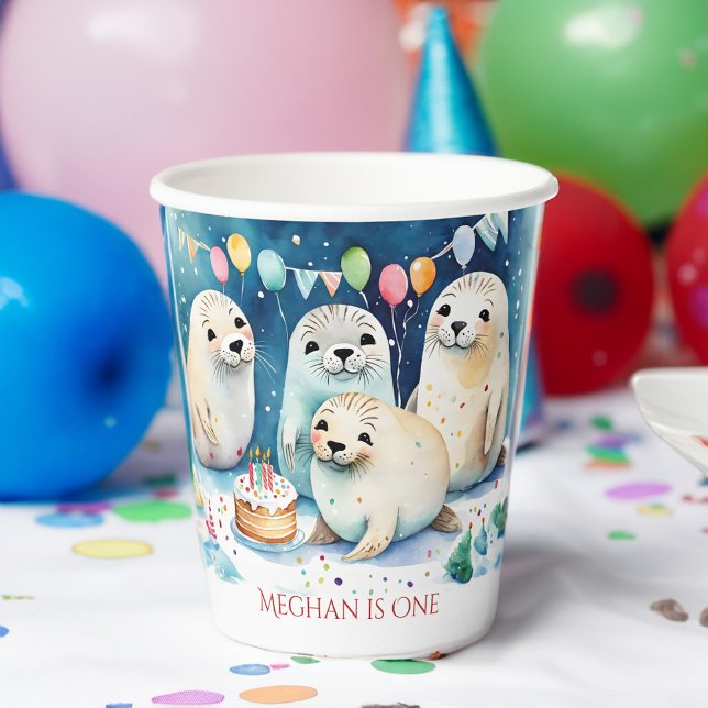 Arctic seal winter birthday personalised template paper cups (Arctic seal winter wonderland birthday party personalized paper cups template seal party supplies)