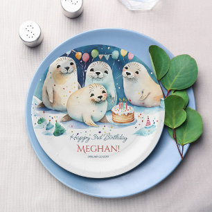 Arctic seal winter birthday personalized template paper plate