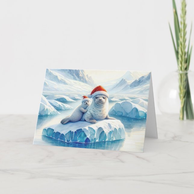 Arctic Seals Wearing Santa Claus Hats Holiday Card (Front)