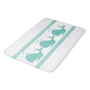 Arctic Teal Blue Whale & waves Blue & White Bath Mat