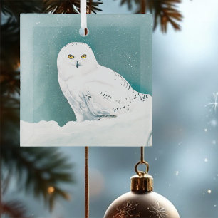 Arctic Teal Snowy Owl Glass Tree Decoration