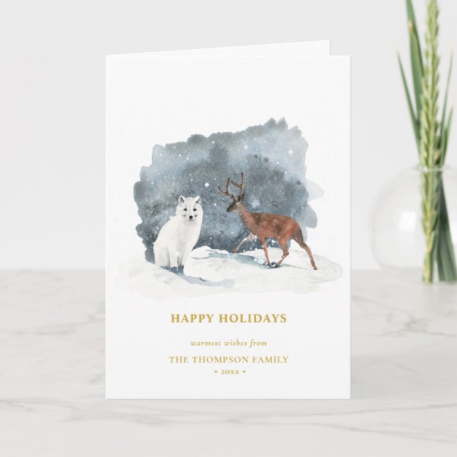 ARCTIC WINTER Animal Gold Script Minimalist  Holiday Card (Front)