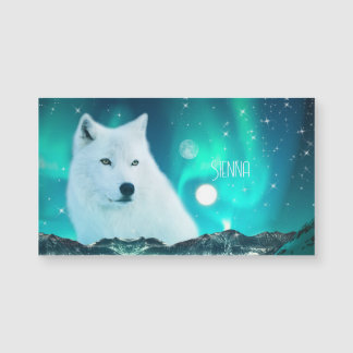 Arctic wolf and magical night with northern lights