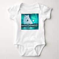 Arctic wolf and magical night with northern lights