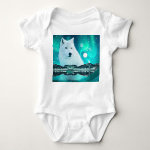 Arctic wolf and magical night with northern lights baby bodysuit
