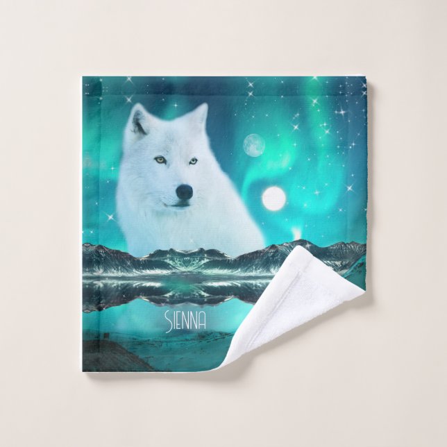 Arctic wolf and magical night with northern lights bath towel set (Wash Cloth)
