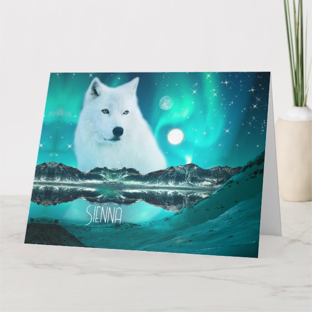 Arctic wolf and magical night with northern lights card (Front)