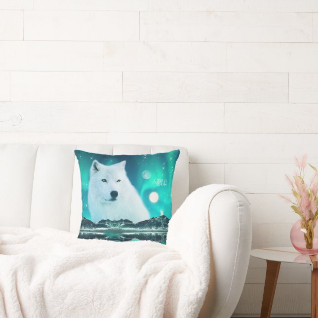 Arctic wolf and magical night with northern lights cushion (Couch)