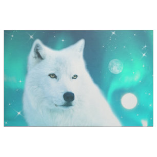 Arctic wolf and magical night with northern lights fabric
