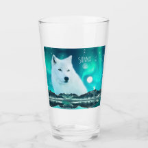 Arctic wolf and magical night with northern lights