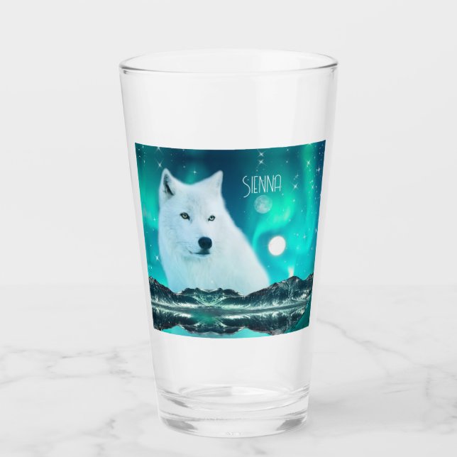 Arctic wolf and magical night with northern lights glass (Front)