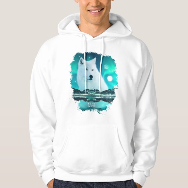 Arctic wolf and magical night with northern lights hoodie (Front)