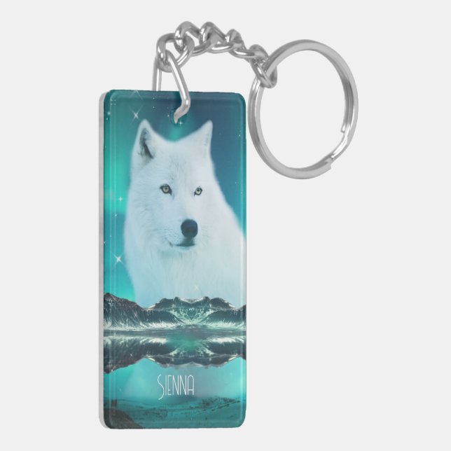 Arctic wolf and magical night with northern lights key ring (Back Left)
