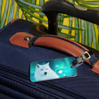 Arctic wolf and magical night with northern lights luggage tag