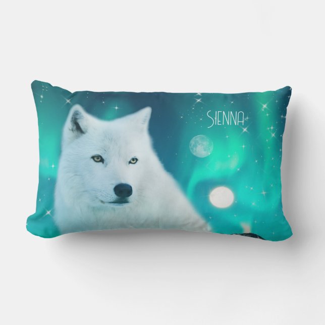 Arctic wolf and magical night with northern lights lumbar cushion (Front)