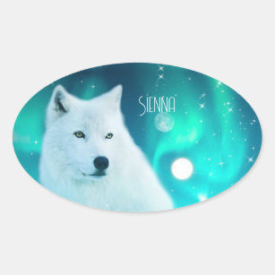 Arctic wolf and magical night with northern lights oval sticker