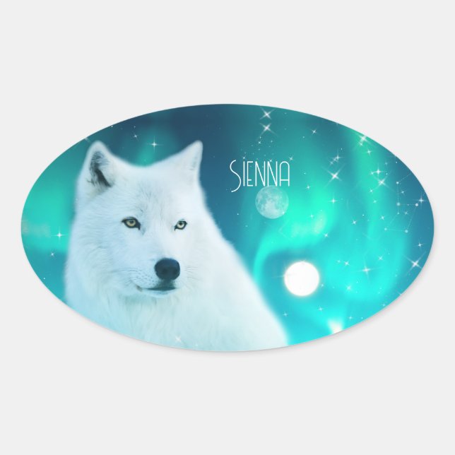Arctic wolf and magical night with northern lights oval sticker (Front)