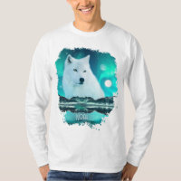 Arctic wolf and magical night with northern lights