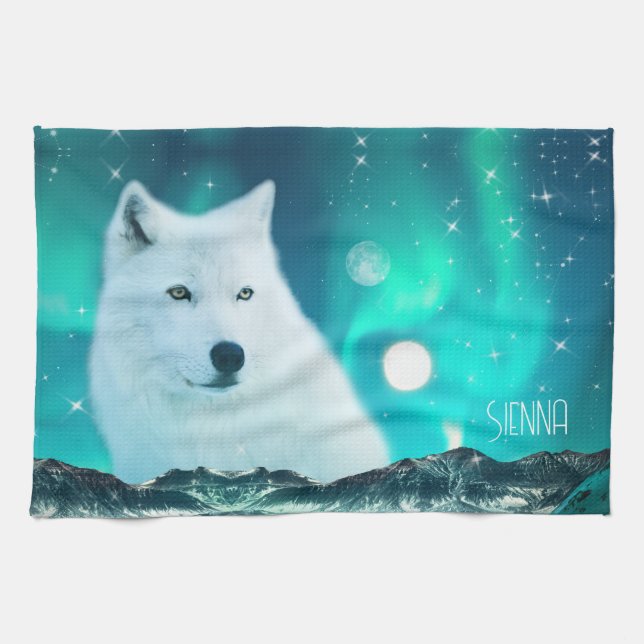 Arctic wolf and magical night with northern lights tea towel (Horizontal)
