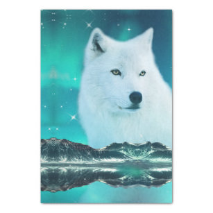 Arctic wolf and magical night with northern lights tissue paper